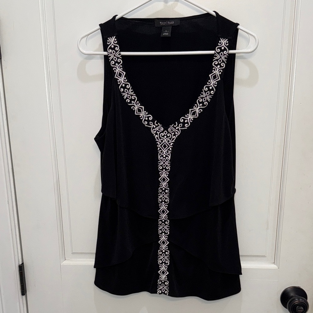 White House Black Market Black Blouse with White Embroidery
